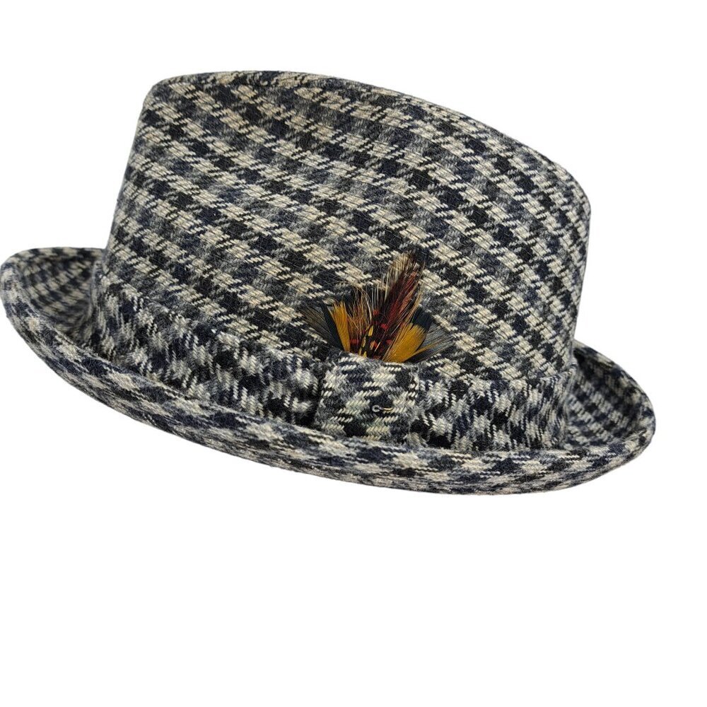 Vintage Stetson Houndstooth Wool Fedora Hat Size 7.25 Black Gray White Feather
